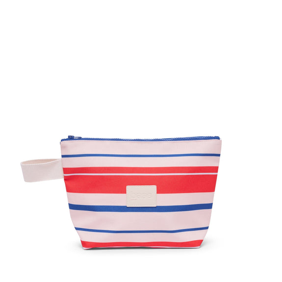 Striped pouch with a blue zipper on a white background