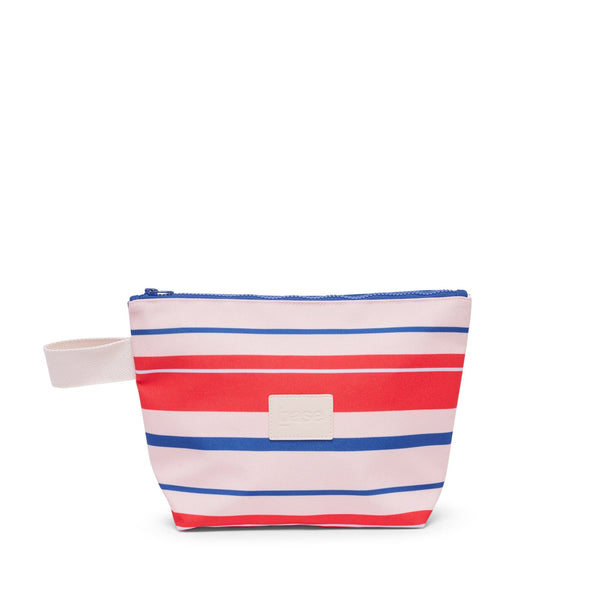 Striped pouch with a blue zipper on a white background