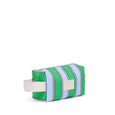 Rectangular pouch with green and blue striped pattern on a white background