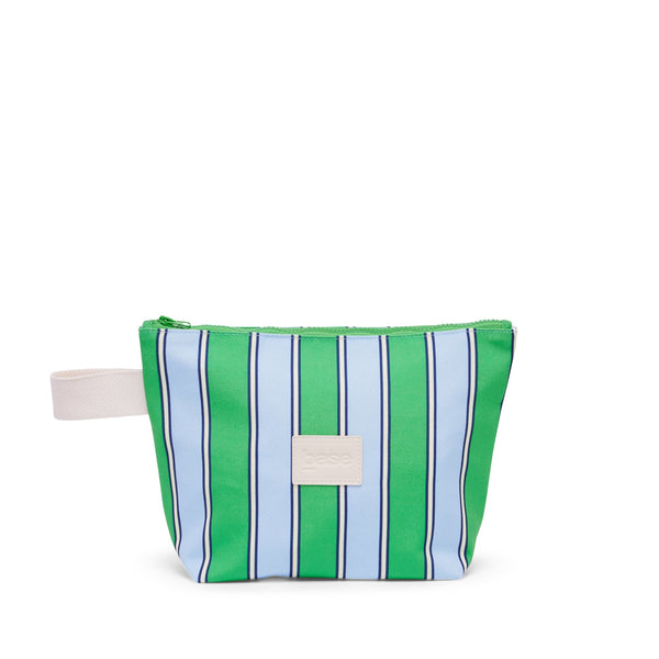 Striped pouch with a green and blue pattern on a white background