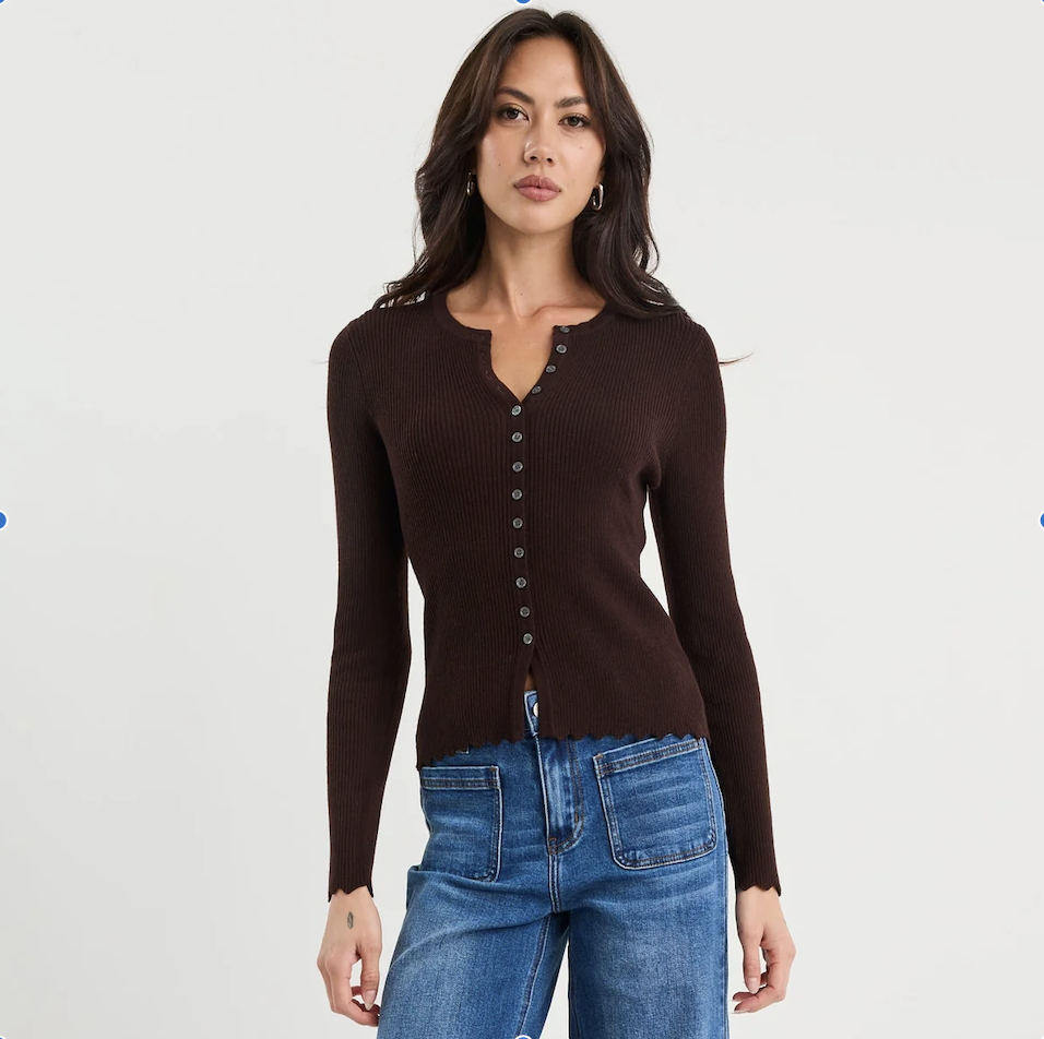 Ditto Chocolate Button Front Rib Knit Long Sleeve Top