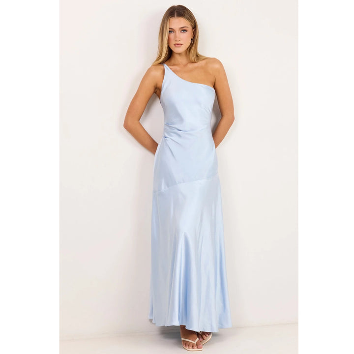 Prolific Ice Blue Satin One Shoulder Bias Slip Maxi Dress | Georgia Zoe
