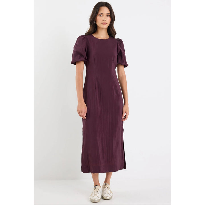 Elder Plum Short Puff Sleeve Tie Midi Dress