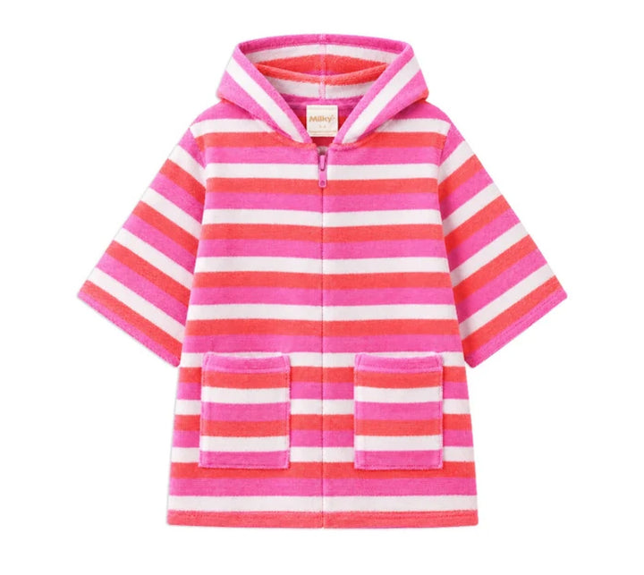 A children's hooded zip-up towel or robe with horizontal pink, coral, and white stripes, featuring two front patch pockets, shown on a plain white background.