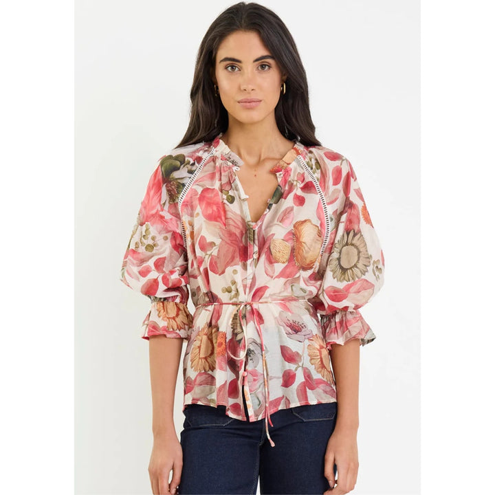Usher Blush Woodland Floral Belted Button Front Top
