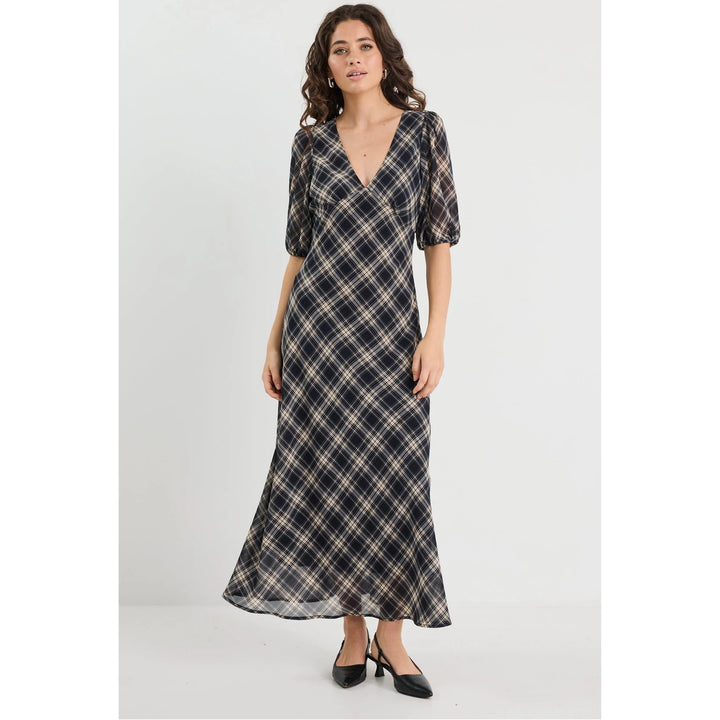 Amora Black Check Chiffon SS Bias Midi Dress