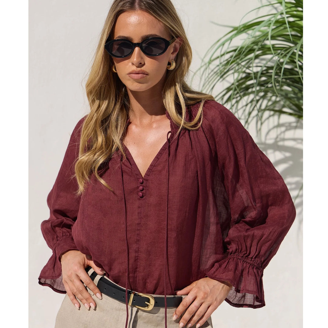 Expedition Burgundy Shirred Neck SS Top | Among The Brave