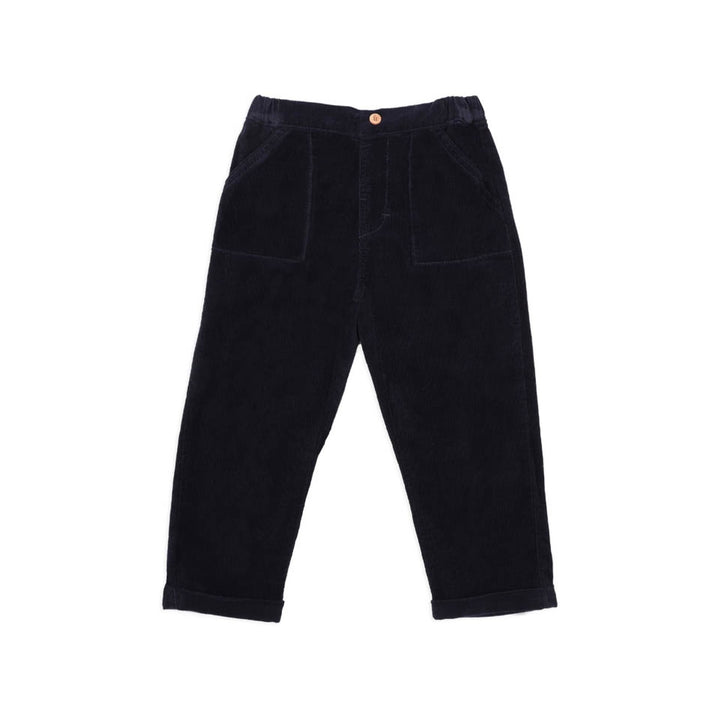 Black corduroy pants on a white background