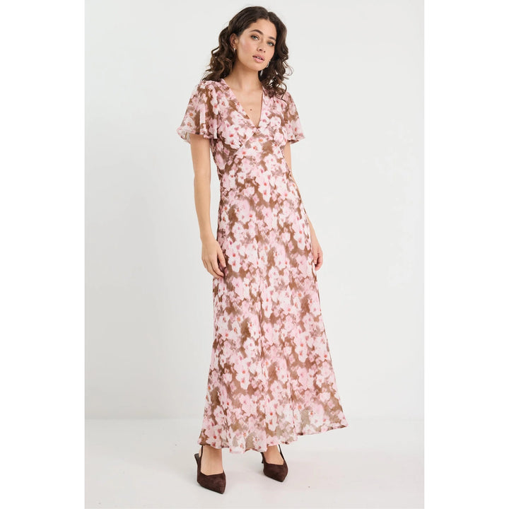 Chariot Blush Chocolate Floral Bias Flared Maxi Dress
