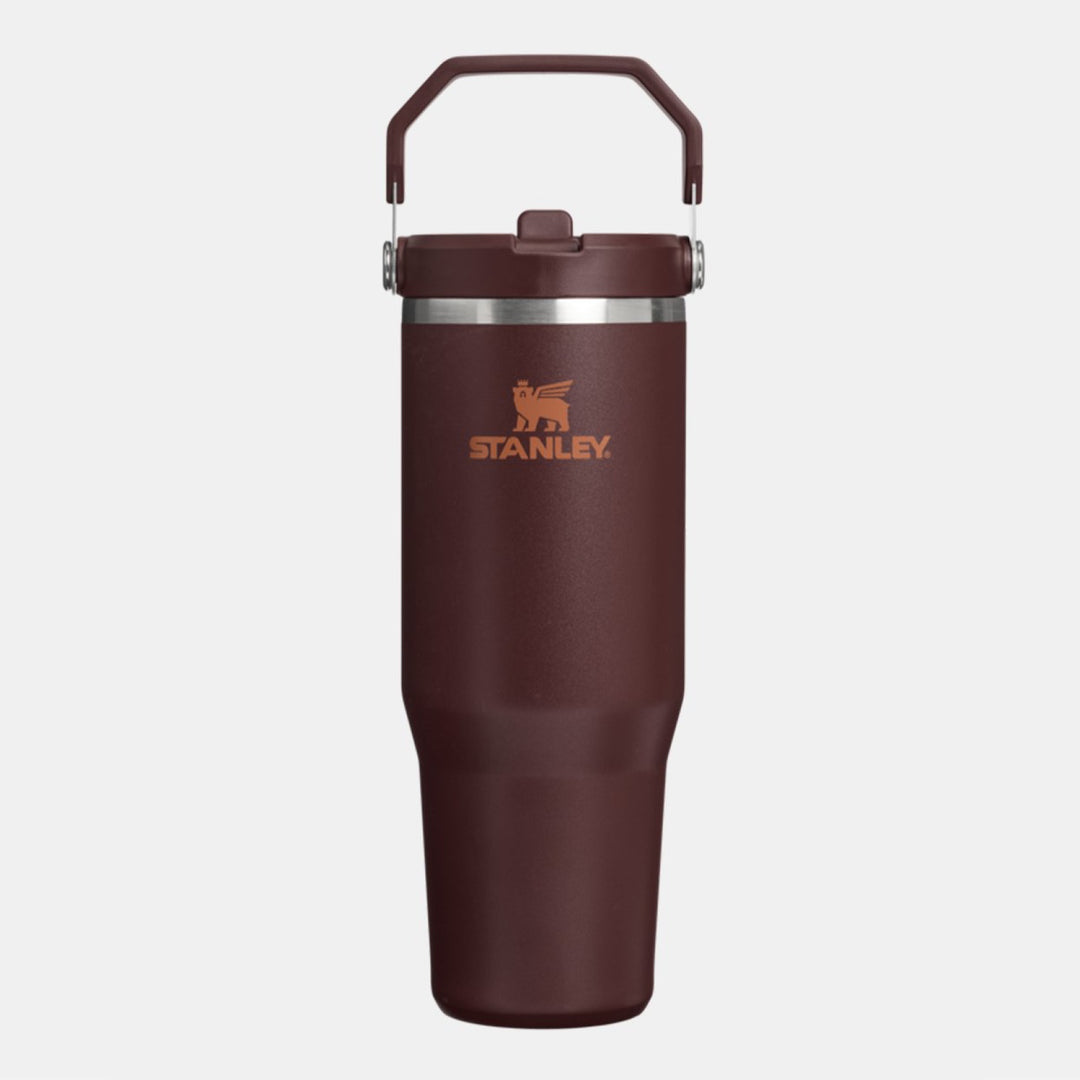 Stanley insulated travel tumbler in dark brown with a matching carry handle lid, featuring the orange Stanley logo on the front, set against a light gray background.