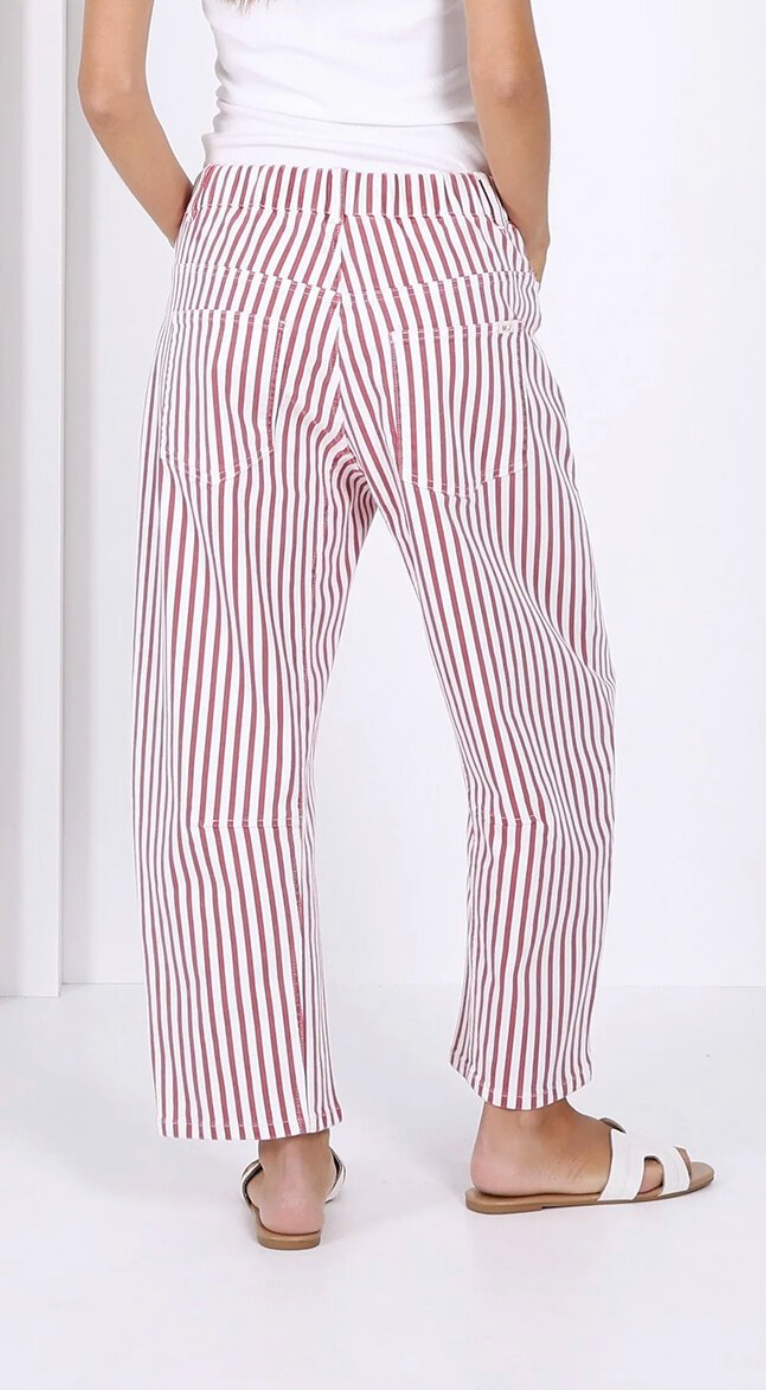 Person wearing red and white striped pants on a white background