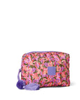 Floral patterned pouch with a purple tag on a white background