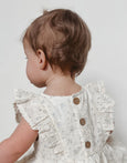 Child wearing a white floral dress with brown buttons on a plain background