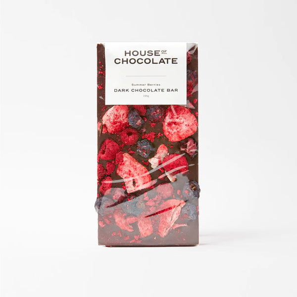 Dark chocolate bar with berries and 'House of Chocolate' packaging on a white background