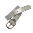 White leather belt with a silver buckle on a white background