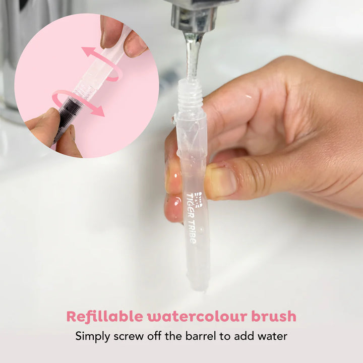Hand holding a refillable watercolour brush with a close-up of the brush tip and text indicating refillability.