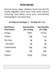Nutritional information and ingredients list for rose bears on a white background