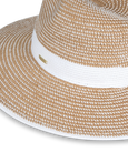 Close-up of a straw hat with a white band on a white background