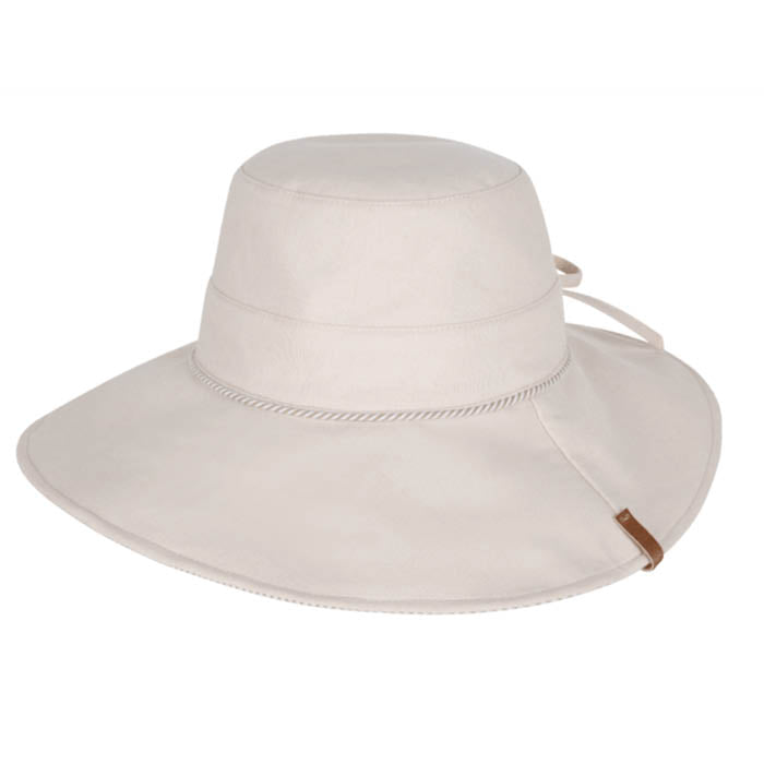 Beige sun hat with a tie on a white background