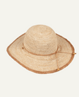 Beige straw hat with a wide brim on a light beige background