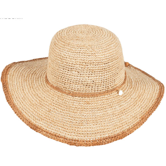 Beige straw hat with a wide brim on a white background