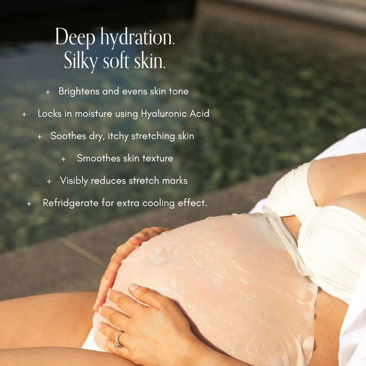 Person with a skincare product on their skin, with text about product benefits.