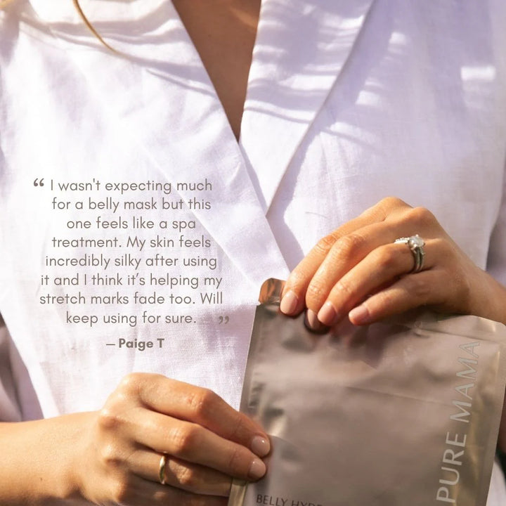 Person holding a belly mask with a quote from a customer on a white background