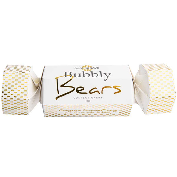 Bubbly Bears confectionery package with gold and white design on a white background