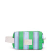 Green and blue striped pouch with a white label on a white background