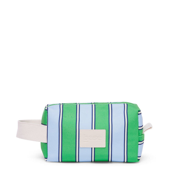 Green and blue striped pouch with a white label on a white background