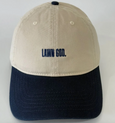 Two-tone beige and navy cap with 'Lawn God' embroidery on a white background