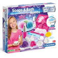 Clementoni Soaps & Bath Bombs science play kit packaging with a girl holding a bath bomb.