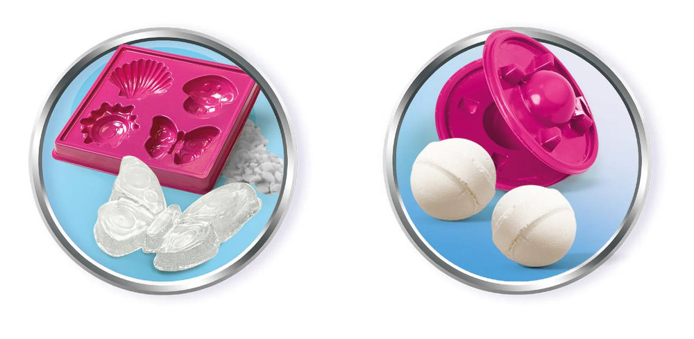 Two circular silicone mold sets with pink tops and silver bases on a white background.