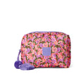 Floral patterned pouch with purple accents on a white background