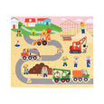 Children's play mat with construction-themed design featuring workers, vehicles, and a road.