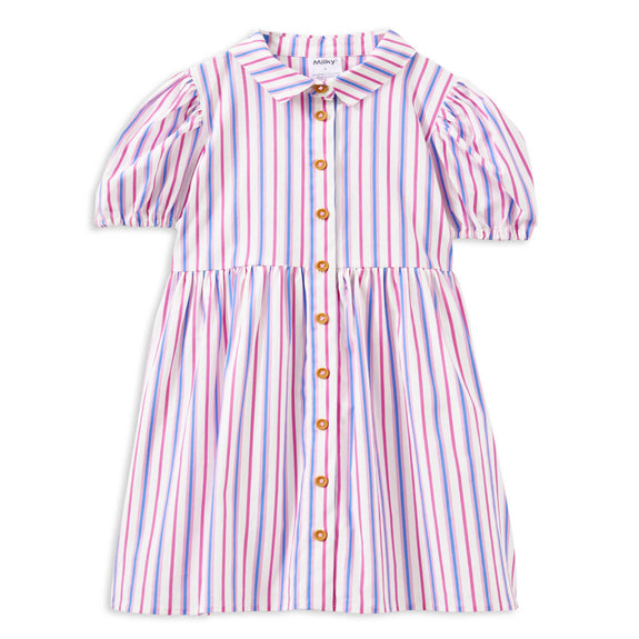 Striped dress with gold buttons on a white background