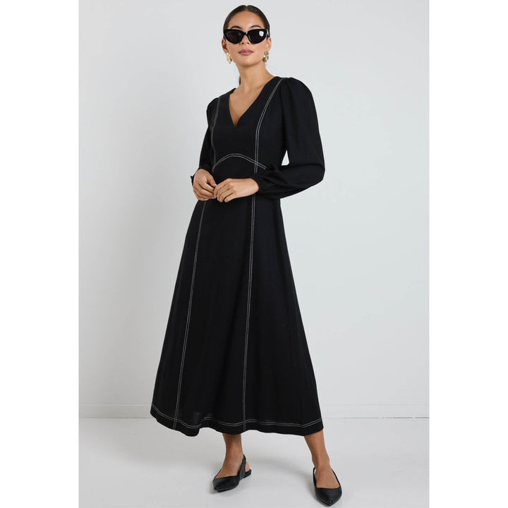 Case Black LS Contrast Stitch Midi Dress
