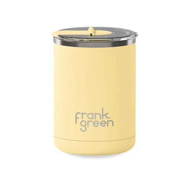 Yellow reusable cup with silver lid on a white background, featuring the brand 'frank green'.