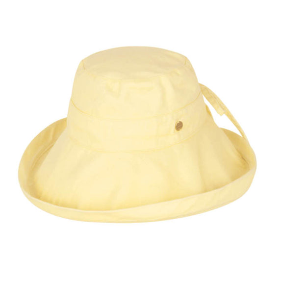 Yellow bucket hat with a strap on a white background