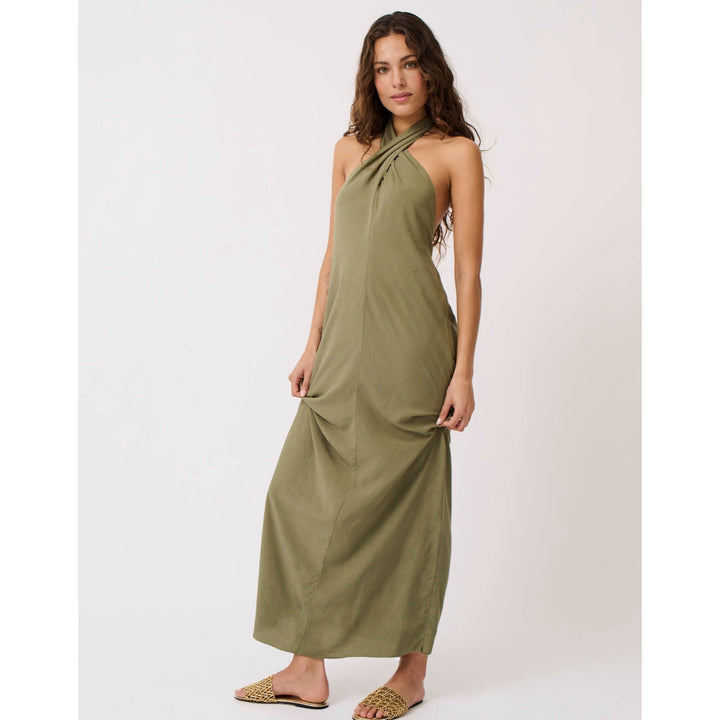 The Sabrina maxi dress features a halter-neck and elasticated band and the back for ease of wear, available from www.thecollectivenz.com