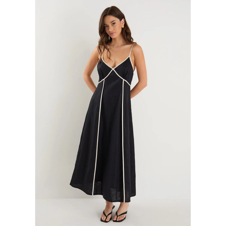 Marine Black Contrast Piped Linen Strappy Maxi Dress