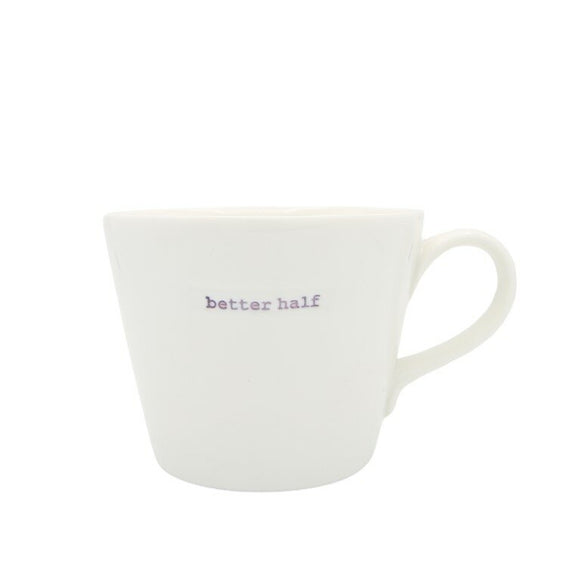 White mug with 'better half' text on a white background