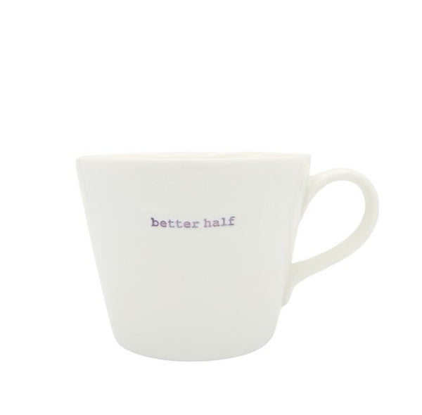 White mug with 'better half' text on a white background