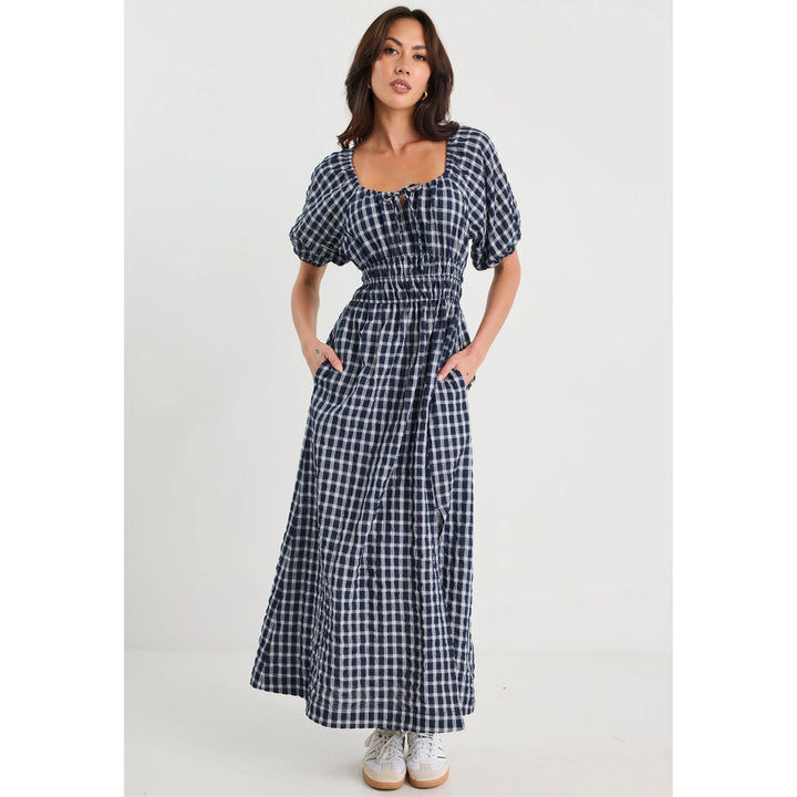 Ritual Ink Check Short Sleeve Poet Midi Dress