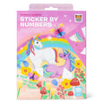 Sticker by numbers kit packaging with unicorns, flowers, and butterflies on a pink background.