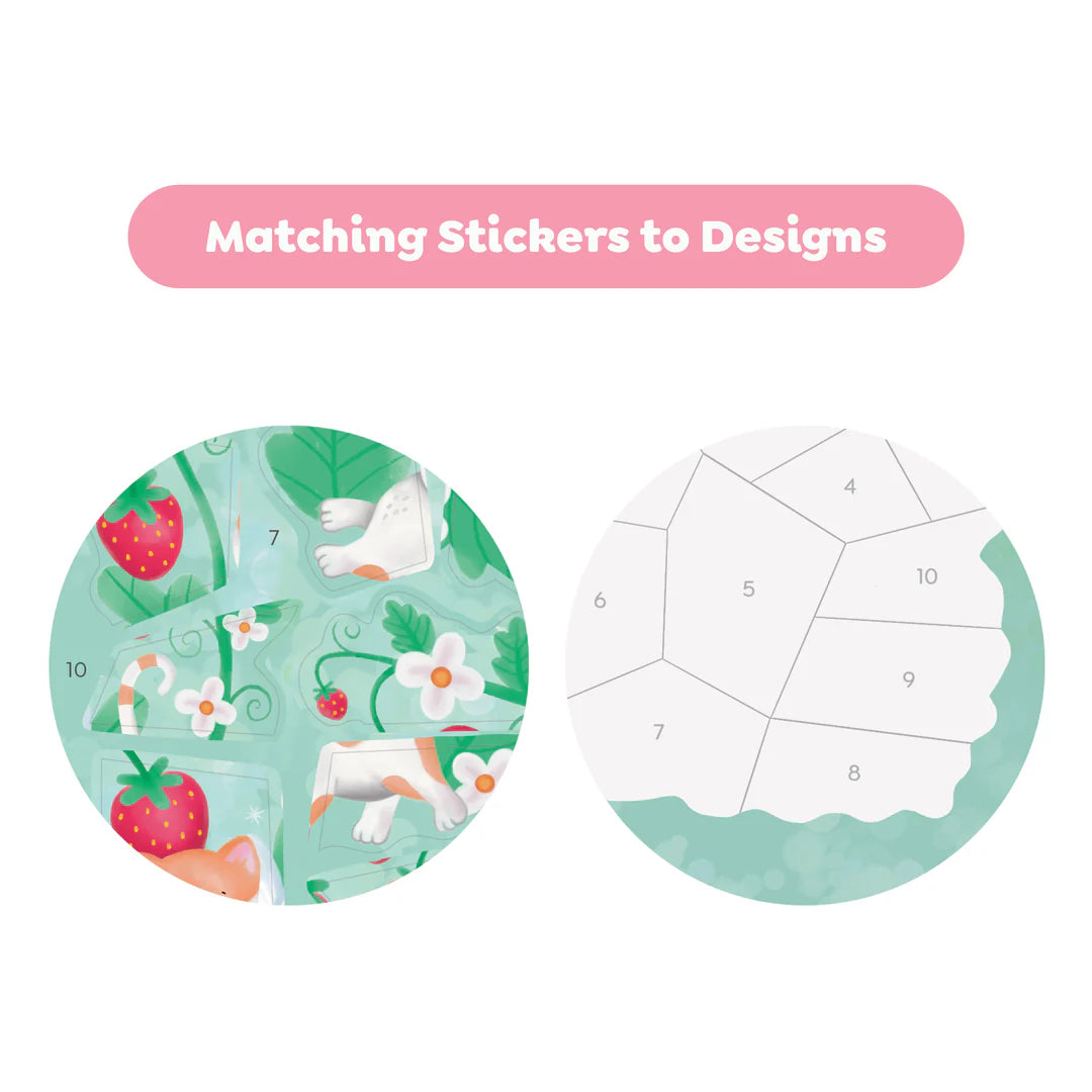 Educational activity sheet with stickers and design matching task on a white background