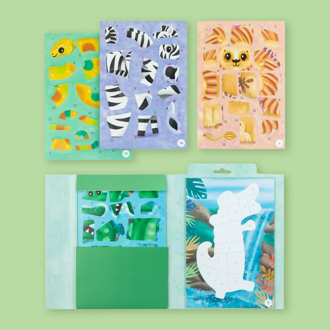 Set of children's educational cards with animal illustrations on a green background