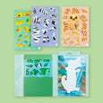Set of children's educational cards with animal illustrations on a green background