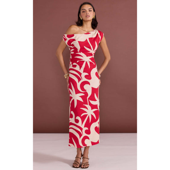 Staple the label Rhodes Midi Dress will no doubt be the dress on repeat this season. With its bold print and striking silhouette that can easily be dressed up or day for all occasions, available from www.thecollectivenz.com