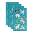 Set of three teal placemats with unicorn and forest design on a white background